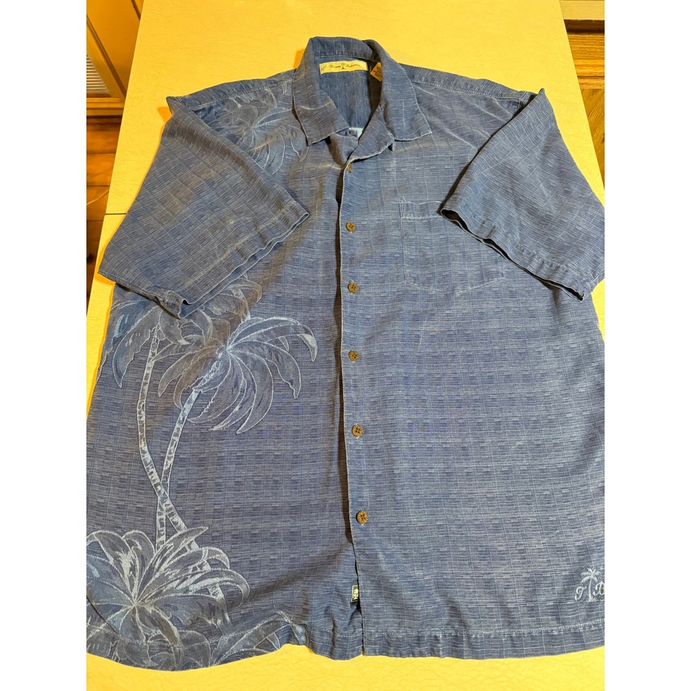 Tommy Bahama Mens Blue 100% Silk Palm Tree Jacquard Camp Shirt Large